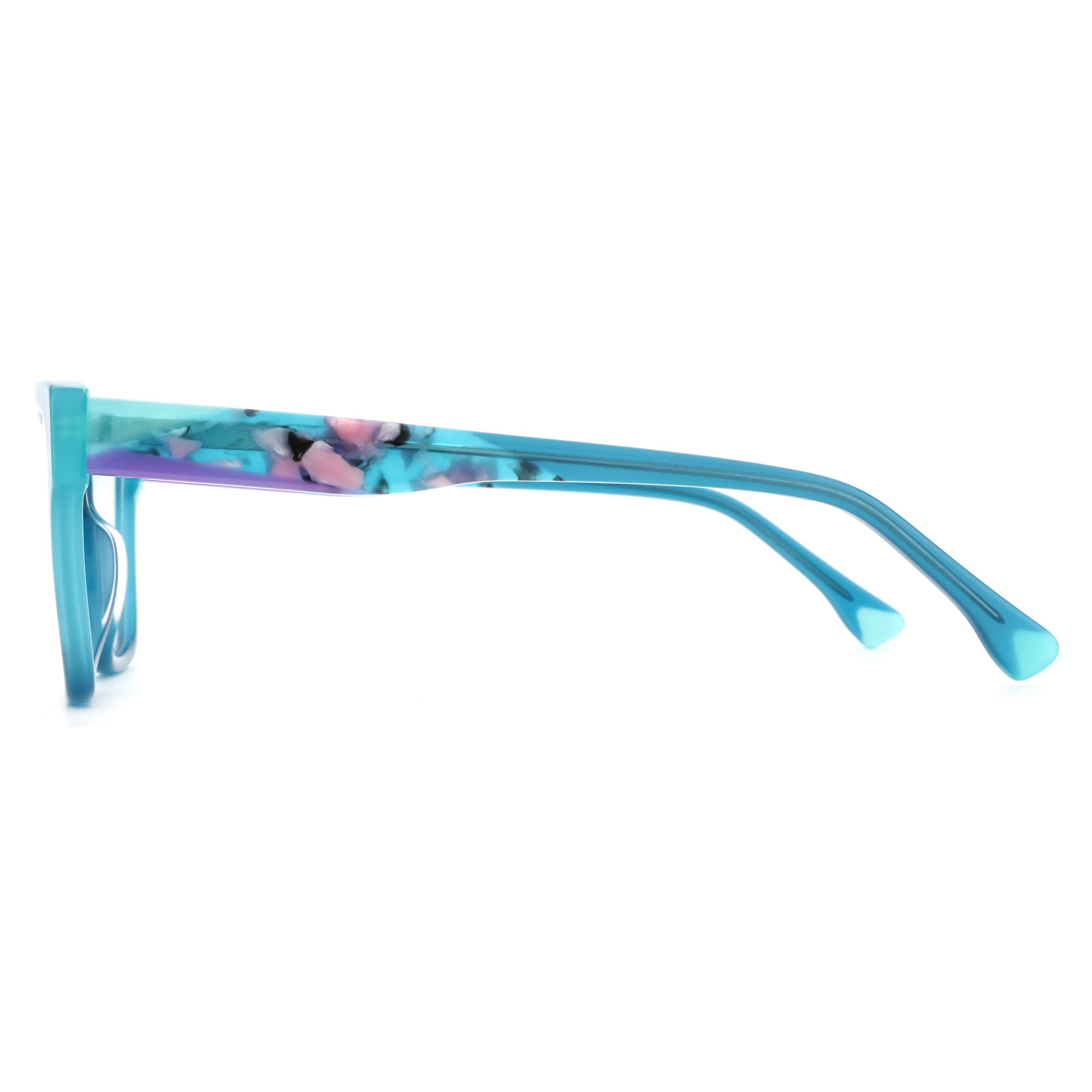 ZENOTTIC Crush eyeglasses: light blue acetate frame with blue/purple/pink marble, square style.