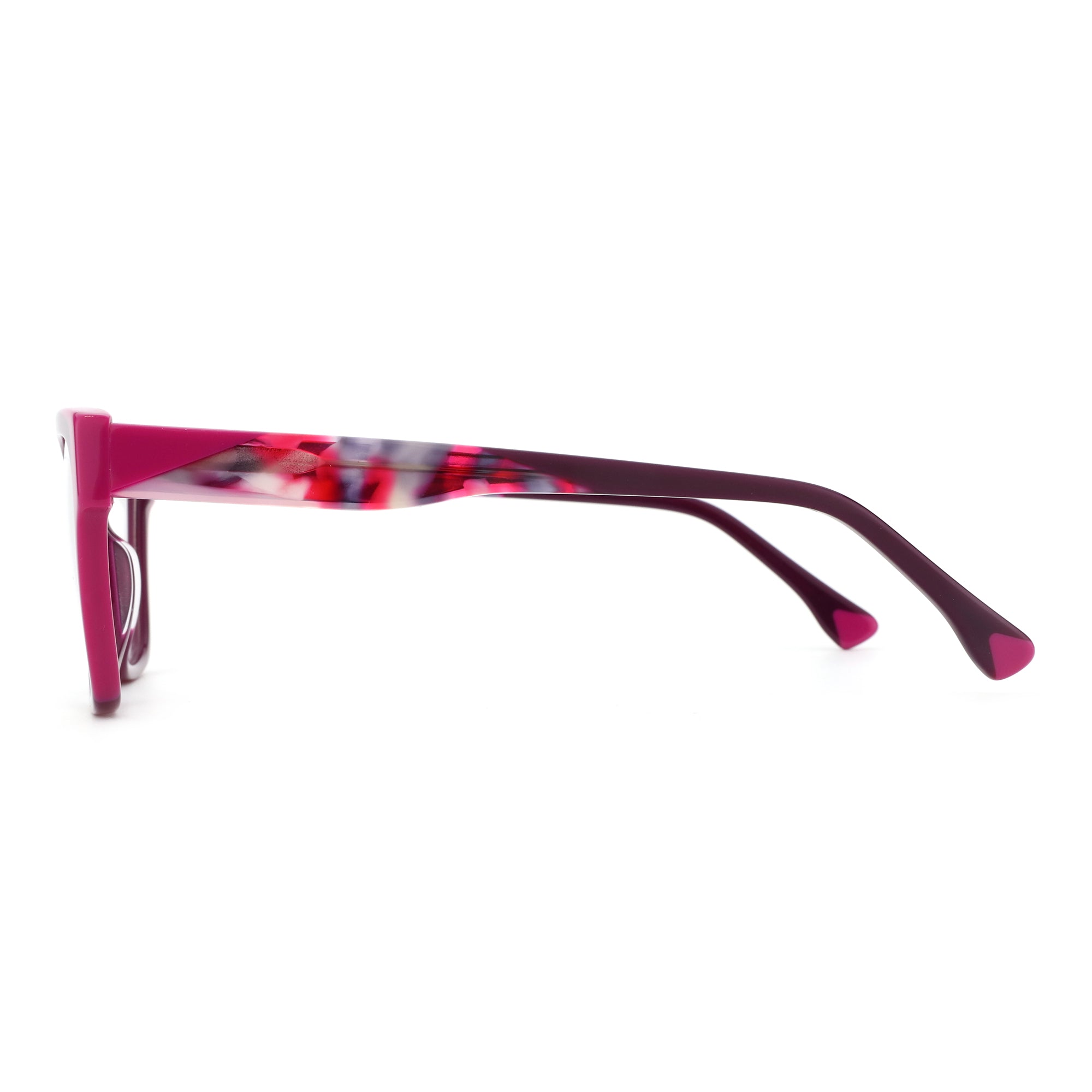 ZENOTTIC Crush square acetate eyeglasses in pink with marbled temples, side view.