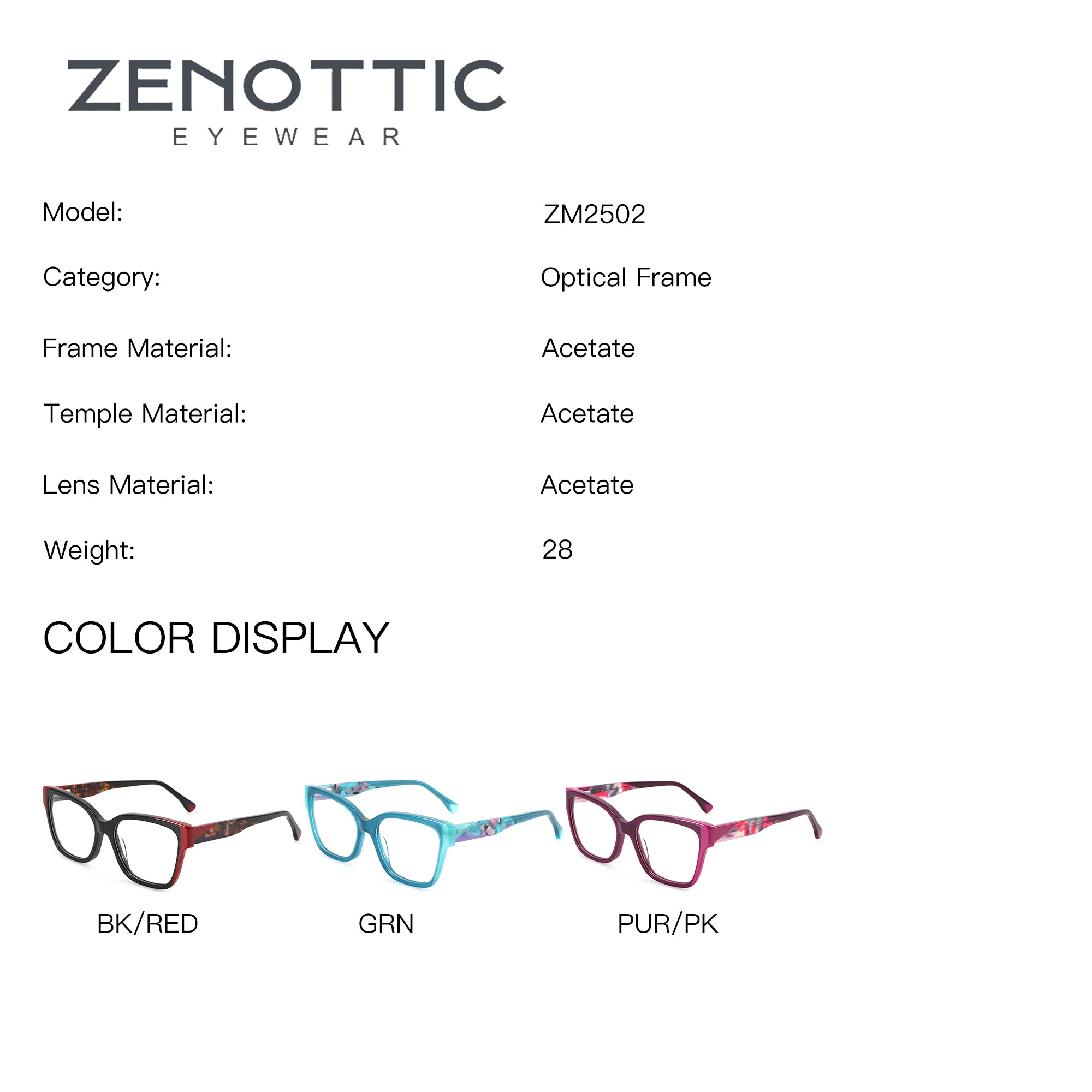 ZENOTTIC Eyeglasses Crush ZM2502: Acetate square frames in BK/RED, GRN, PUR/PK colors.