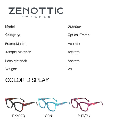 ZENOTTIC Eyeglasses Crush ZM2502: Acetate square frames in BK/RED, GRN, PUR/PK colors.