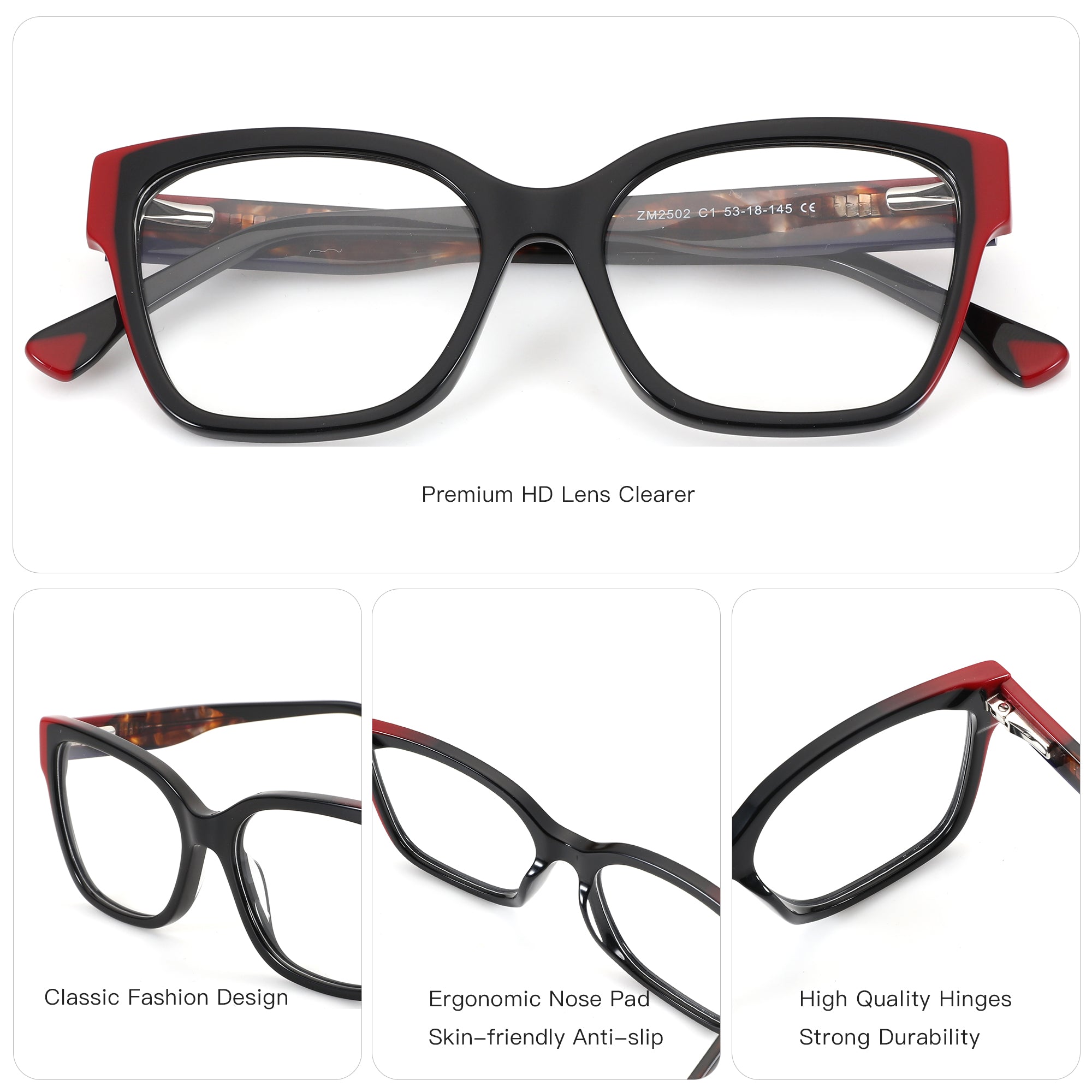 ZENOTTIC Crush fashion square acetate eyeglasses, black with red accents and tortoise temples.