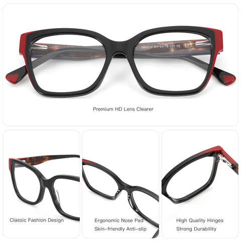 ZENOTTIC Crush fashion square acetate eyeglasses, black with red accents and tortoise temples.