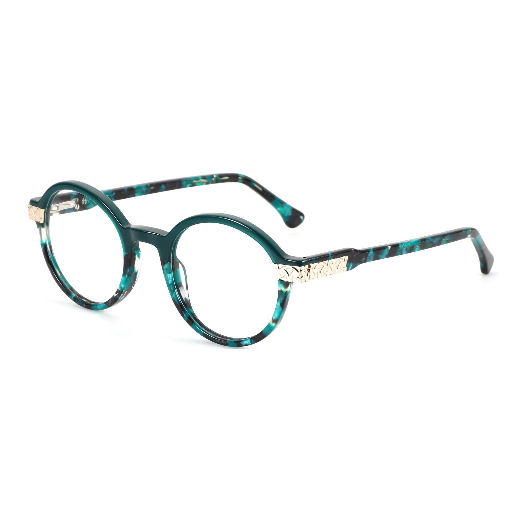 ZENOTTIC Augensten retro round eyeglasses with marbled green acetate frame and gold accents.