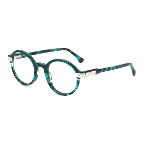 ZENOTTIC Augensten retro round eyeglasses with marbled green acetate frame and gold accents.