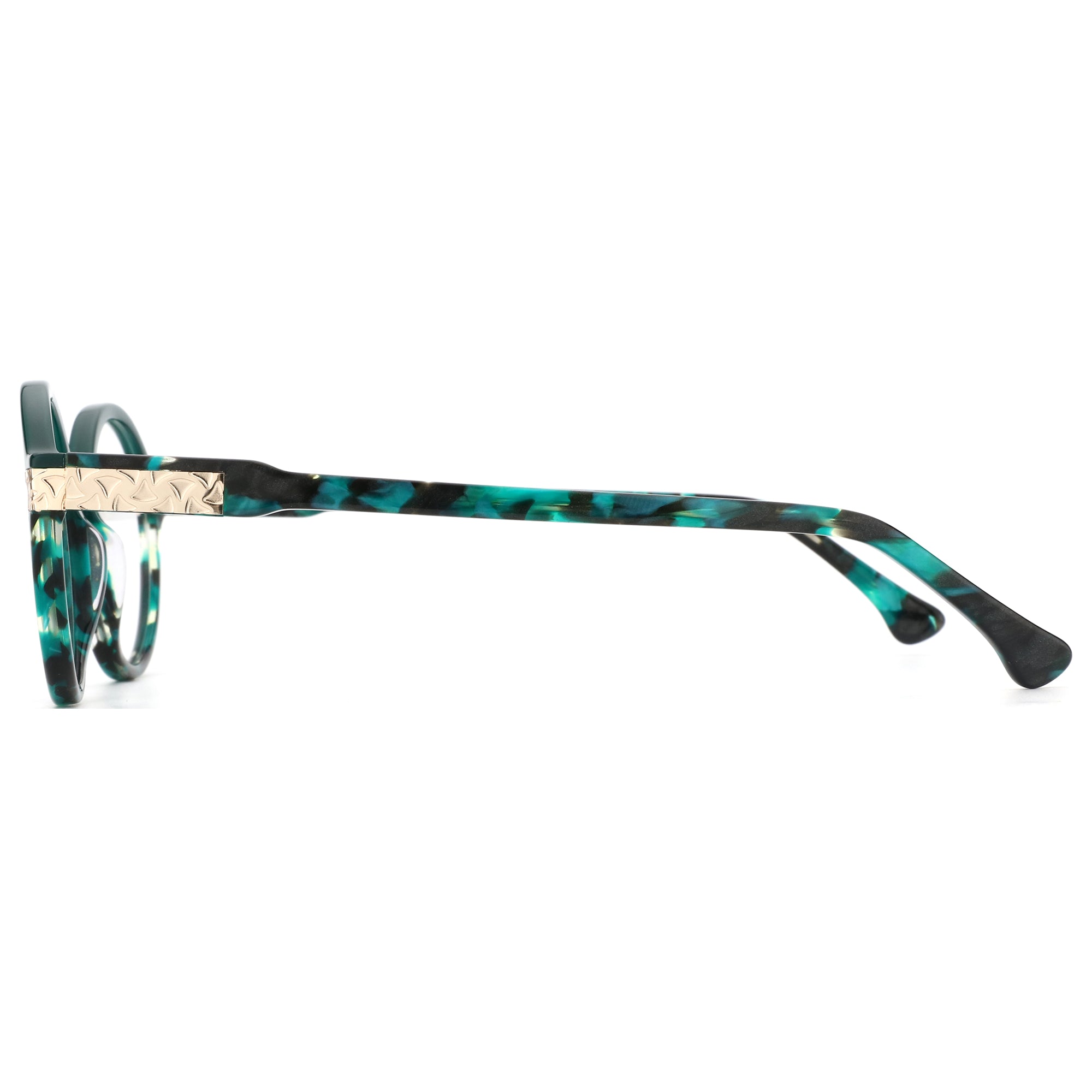 ZENOTTIC Augensten retro round eyeglasses with green black marbled acetate frame and gold detail.