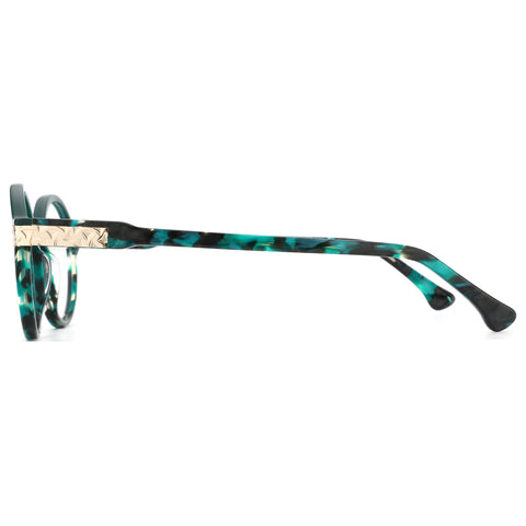 ZENOTTIC Augensten retro round eyeglasses with green black marbled acetate frame and gold detail.