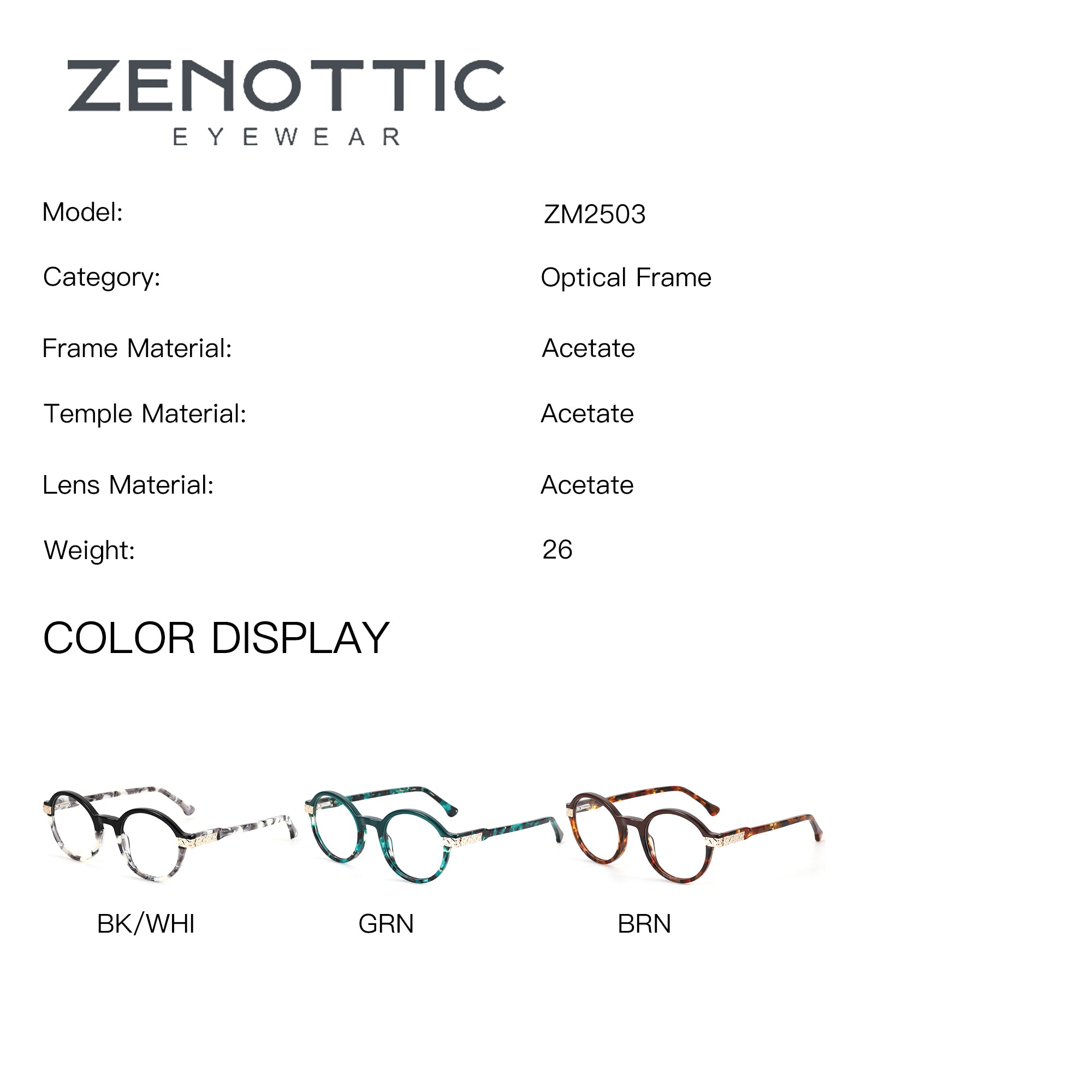 ZENOTTIC ZM2503 Augensten eyeglasses in acetate round frames, BK/WHI, GRN, BRN colors.