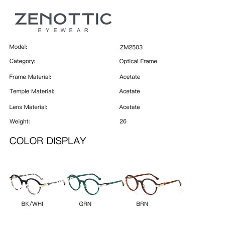 ZENOTTIC ZM2503 Augensten eyeglasses in acetate round frames, BK/WHI, GRN, BRN colors.