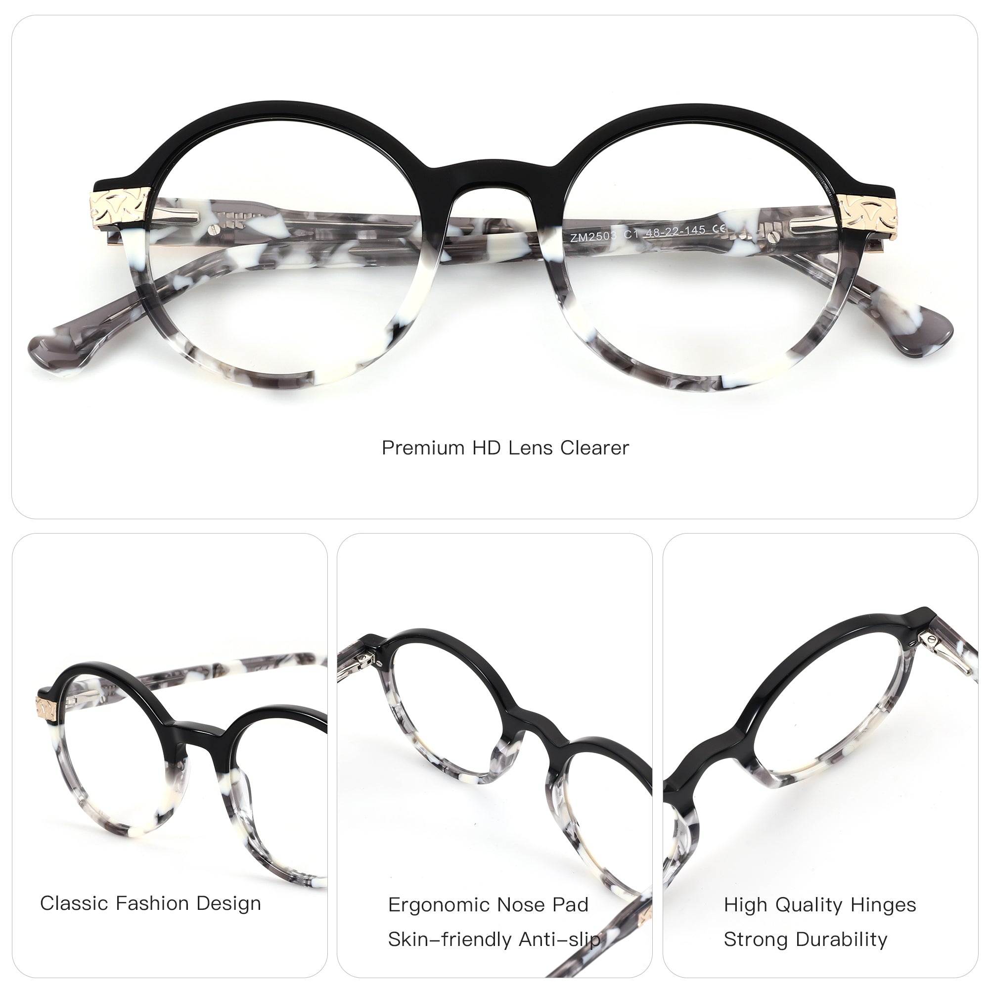 ZENOTTIC Augensten retro round eyeglasses, black acetate front, marble temples, ZM2503.