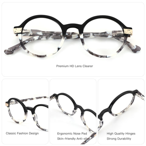 ZENOTTIC Augensten retro round eyeglasses, black acetate front, marble temples, ZM2503.