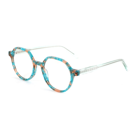 Zenottic VaguesInvisibles geometric eyeglasses with marbled blue and orange acetate frame.