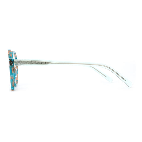 ZENOTTIC VaguesInvisibles geometric acetate eyeglasses, marbled blue/orange front.