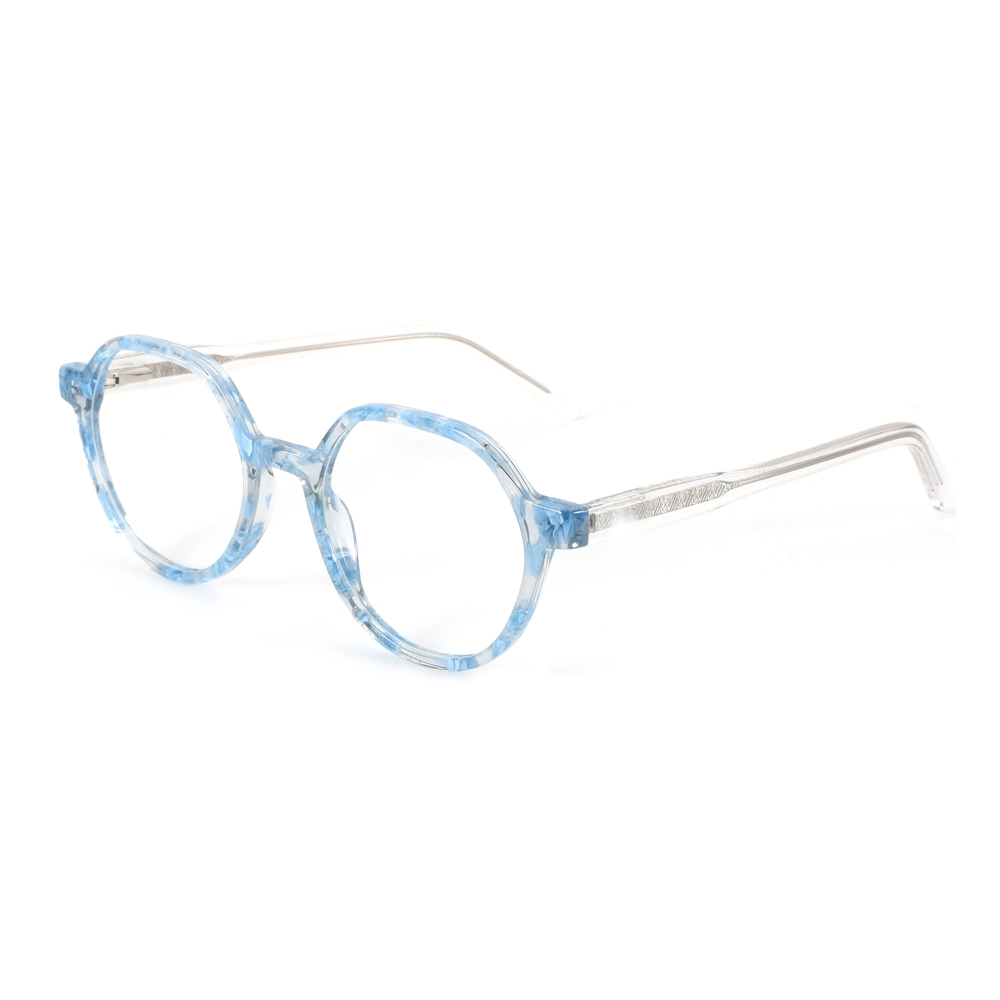 ZENOTTIC VaguesInvisibles geometric eyeglasses: blue marbled acetate front, clear temples.