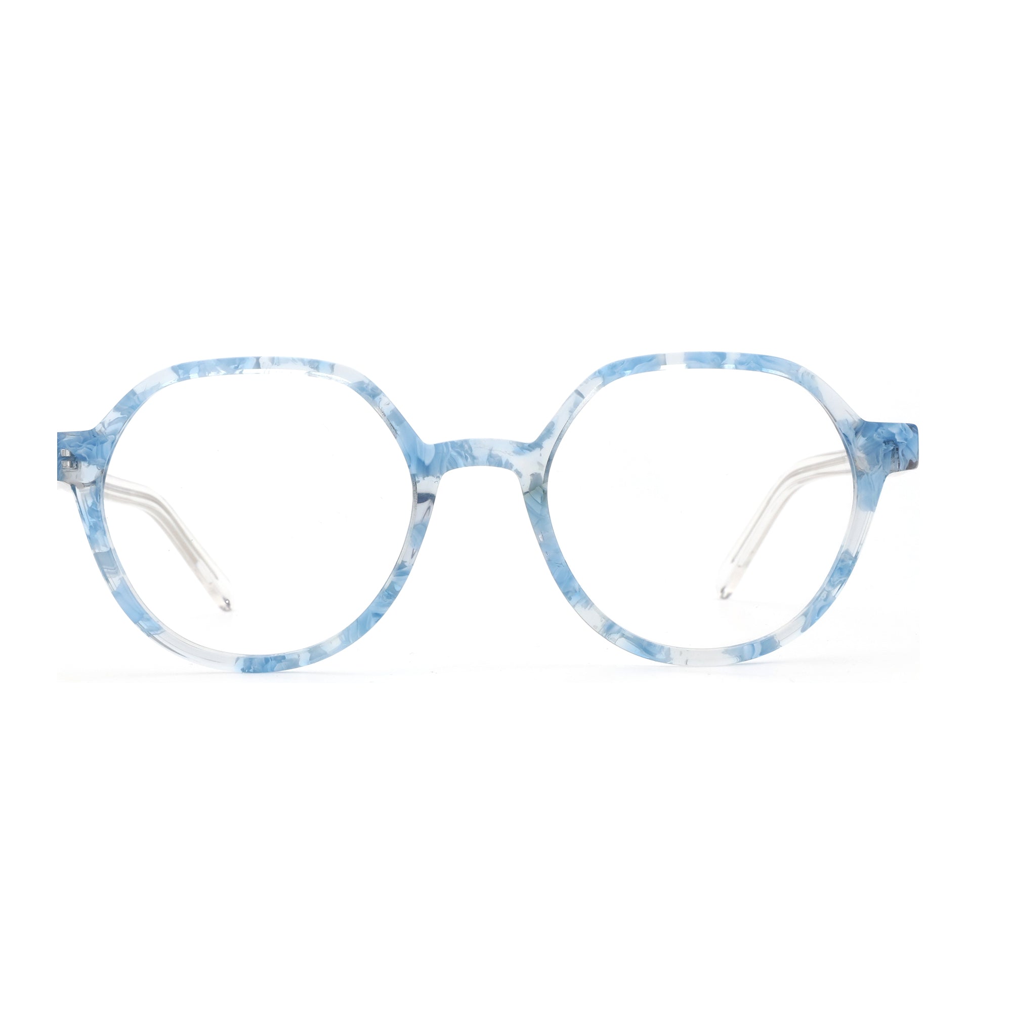 ZENOTTIC VaguesInvisibles geometric eyeglasses, blue & white marbled acetate frame.