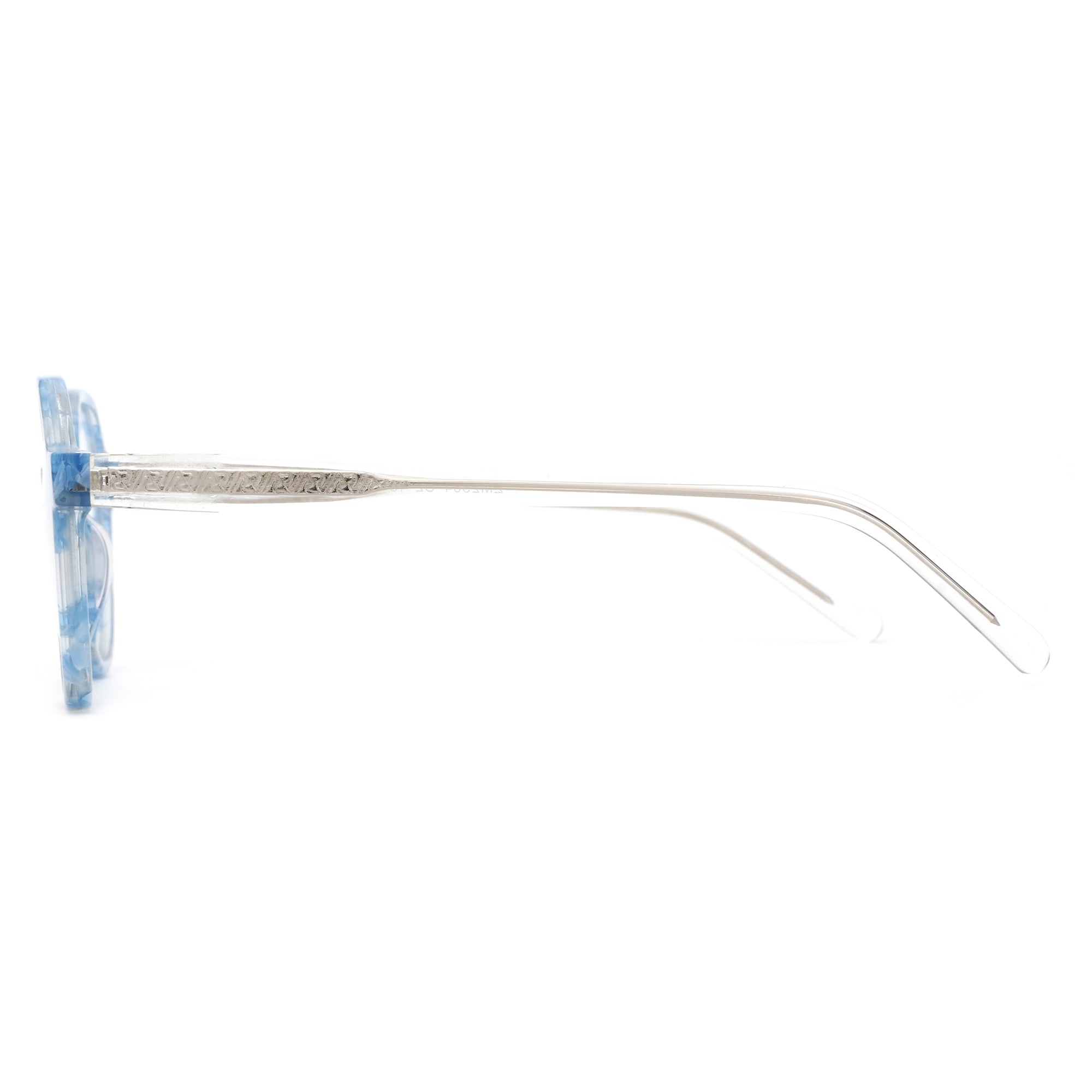 ZENOTTIC VaguesInvisibles eyeglasses, blue marbled acetate frame, clear temple with etched detail.