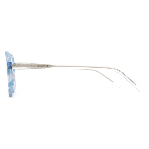 ZENOTTIC VaguesInvisibles eyeglasses, blue marbled acetate frame, clear temple with etched detail.