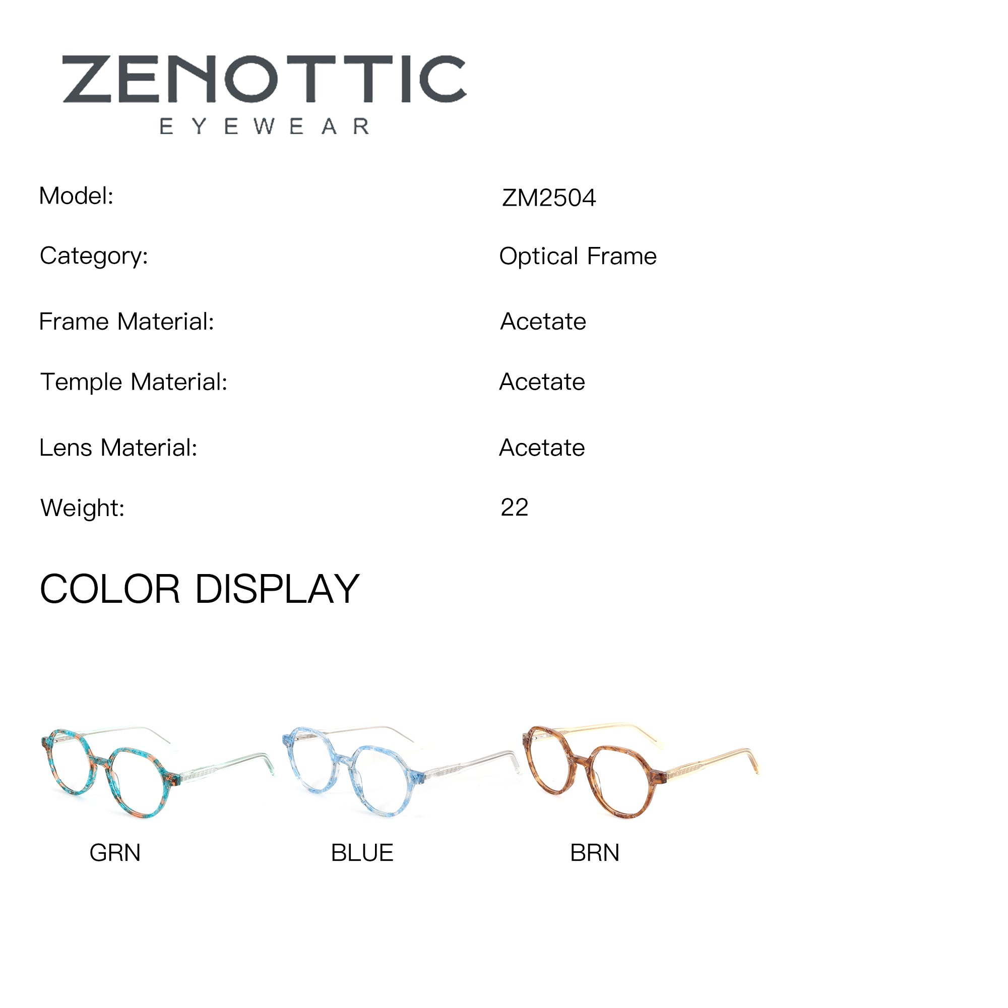 Zenottic VaguesInvisibles ZM2504 acetate glasses in GRN, BLUE, BRN colors