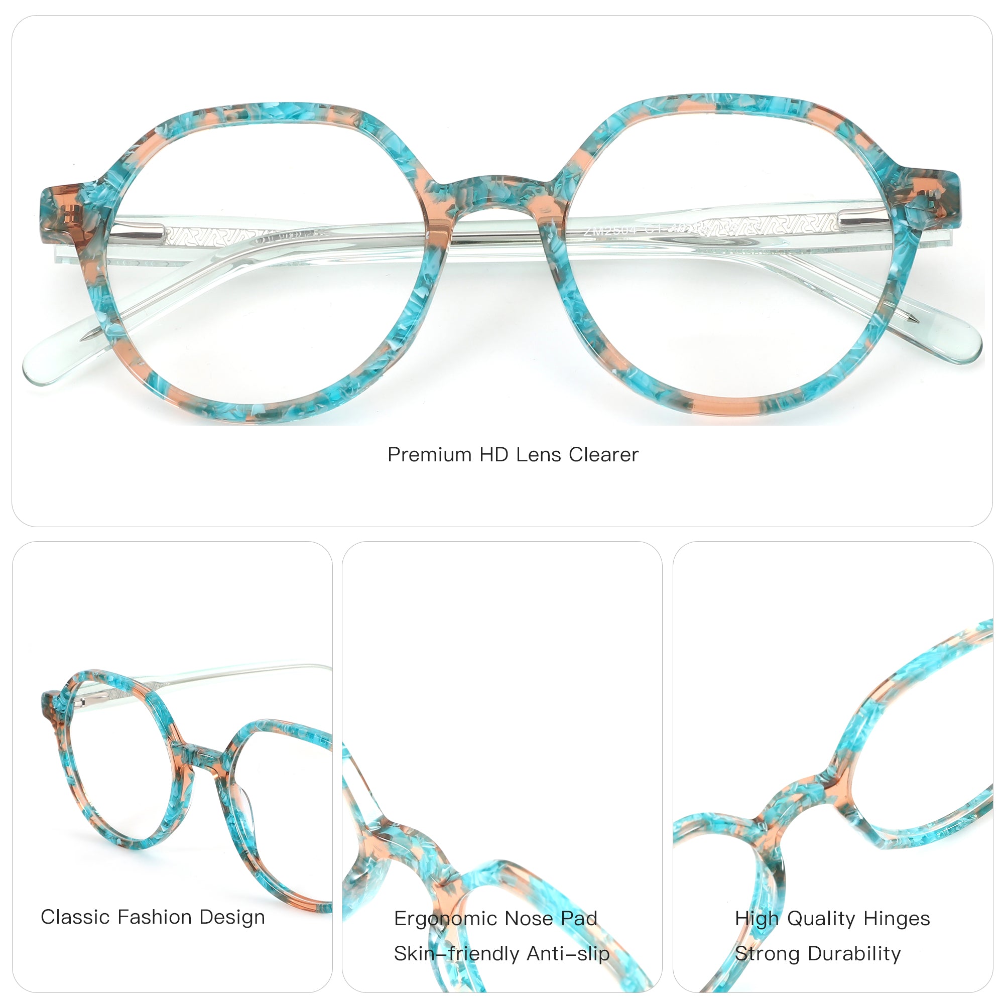 ZENOTTIC VaguesInvisibles geometric acetate eyeglasses with blue and peach marbling.