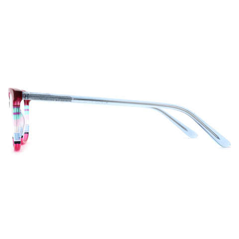 Zenottic Adios eyeglasses ZM2505: striped acetate front, light blue temples, 138mm temple length.
