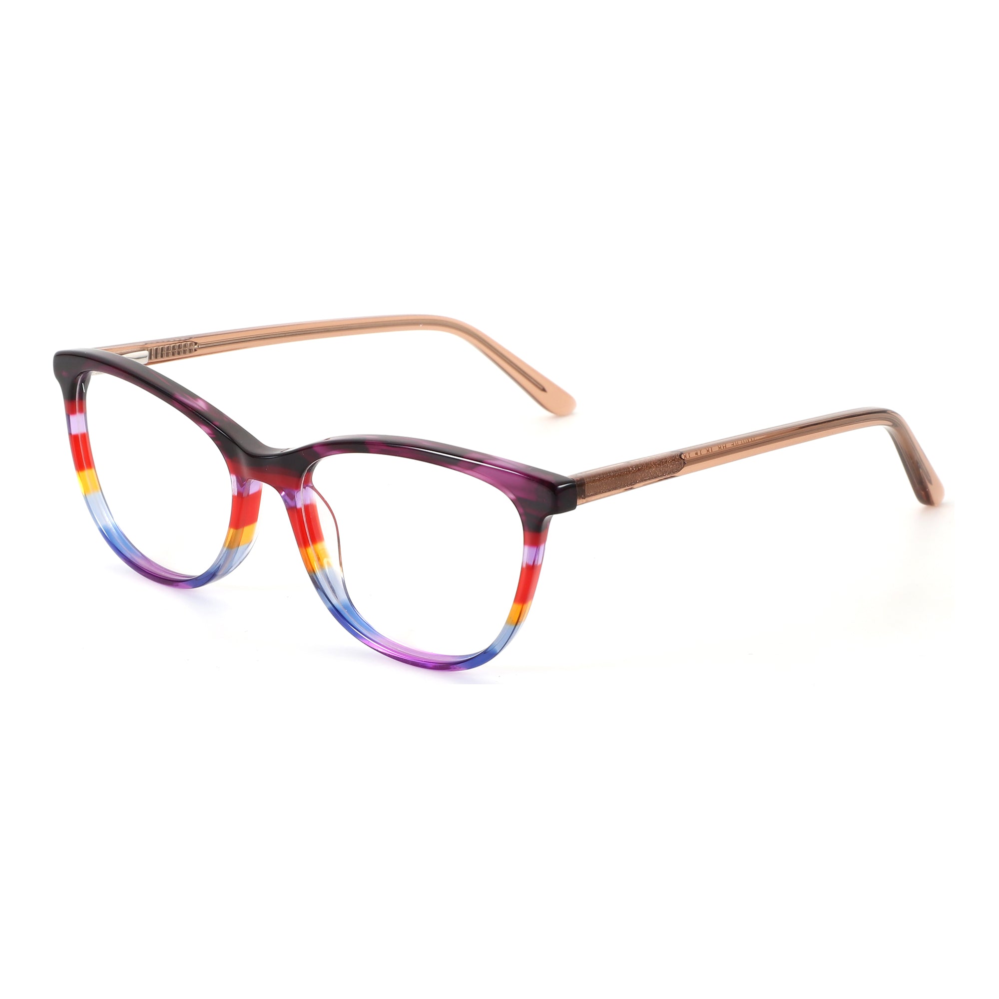 Zenottic Adios round eyeglasses with vibrant striped acetate frame and rose gold temples.