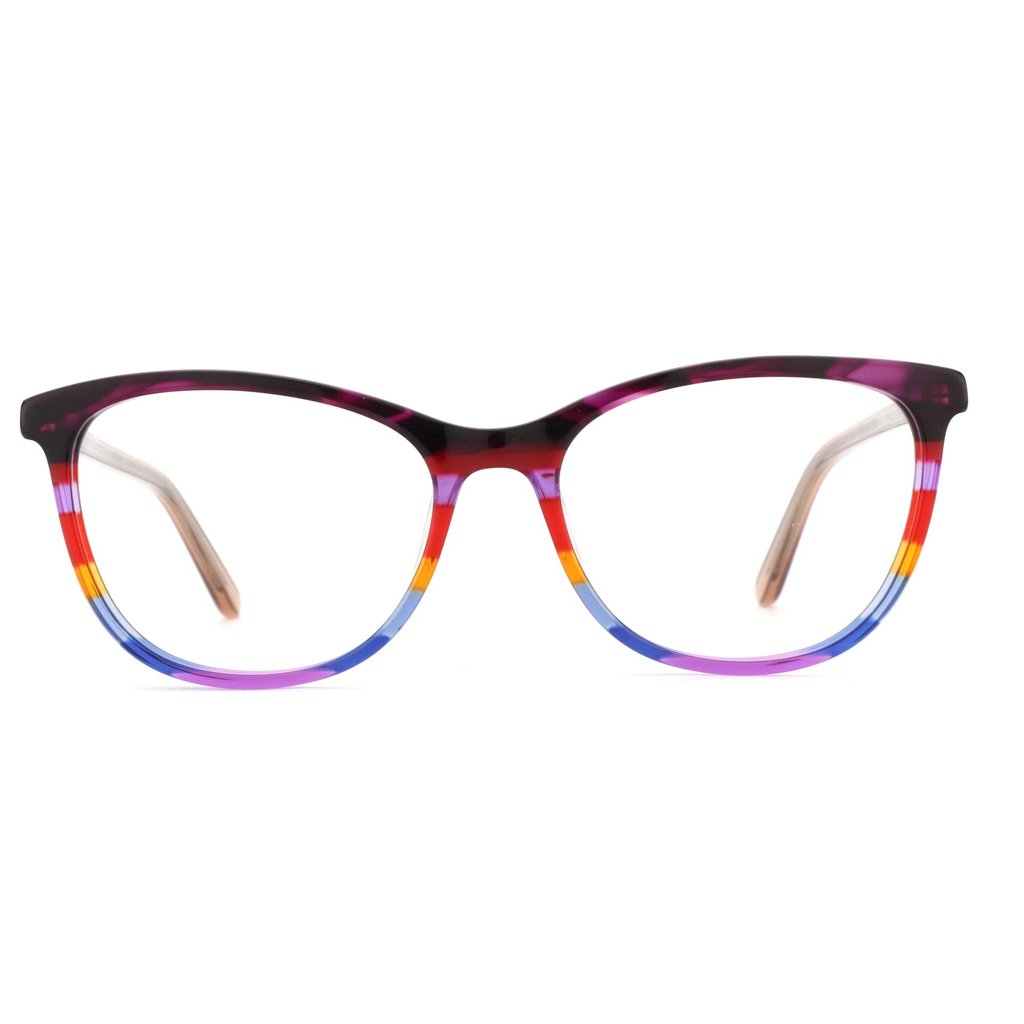 Zenottic Adios women's acetate glasses, round frame with marbled dark top and rainbow striped front.