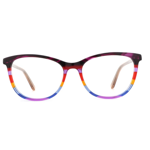 Zenottic Adios women's acetate glasses, round frame with marbled dark top and rainbow striped front.