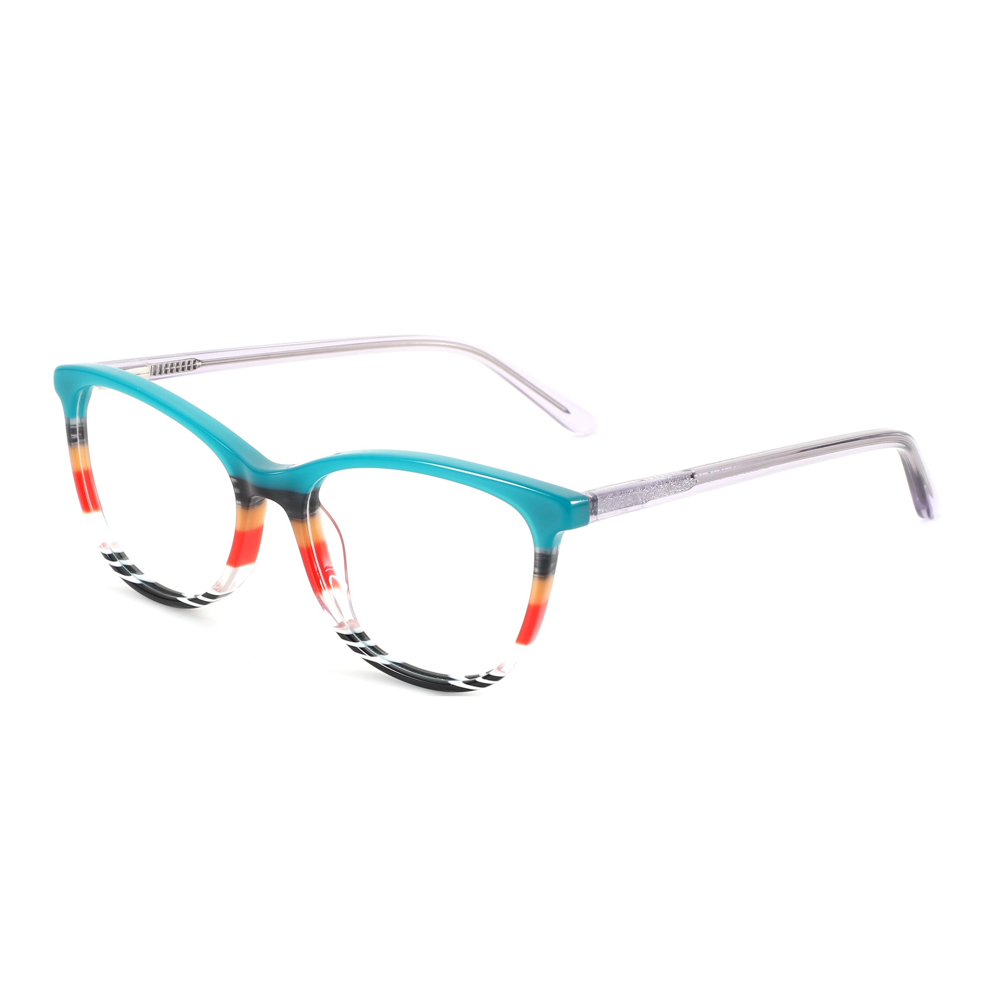 ZENOTTIC Adios round acetate fashion eyeglasses, turquoise front with multi-color stripes.