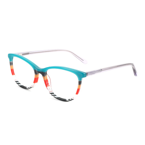ZENOTTIC Adios round acetate fashion eyeglasses, turquoise front with multi-color stripes.