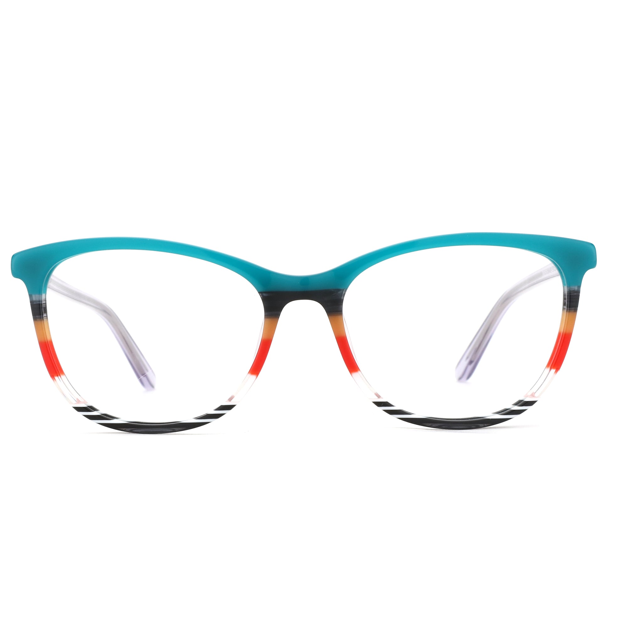 ZENOTTIC Adios women's acetate glasses: turquoise top rim, red, orange, black striped lower rims.