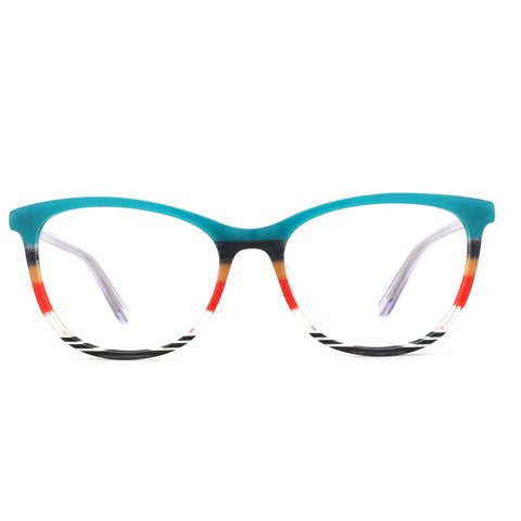 ZENOTTIC Adios women's acetate glasses: turquoise top rim, red, orange, black striped lower rims.