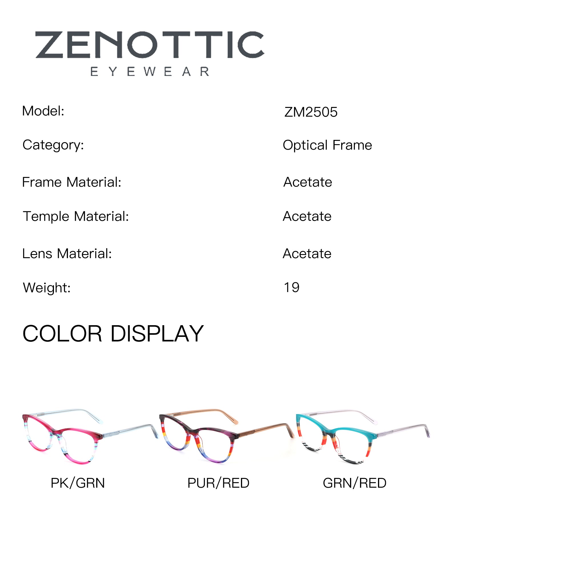 ZENOTTIC ZM2505 Adios women's acetate eyeglasses in PK/GRN, PUR/RED, GRN/RED colors