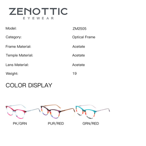 ZENOTTIC ZM2505 Adios women's acetate eyeglasses in PK/GRN, PUR/RED, GRN/RED colors