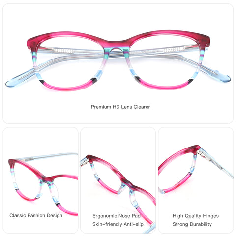 ZENOTTIC Adios women's fashion round acetate eyeglasses with marbled pink/teal/blue frame.