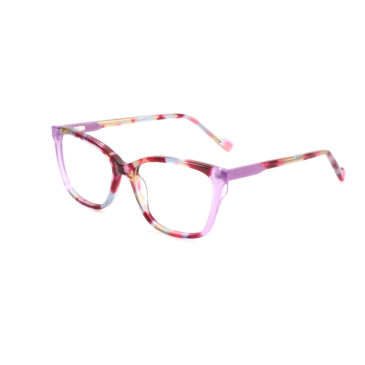 ZENOTTIC Alicia square eyeglasses: translucent purple acetate with a pink, red, yellow, blue swirled pattern.