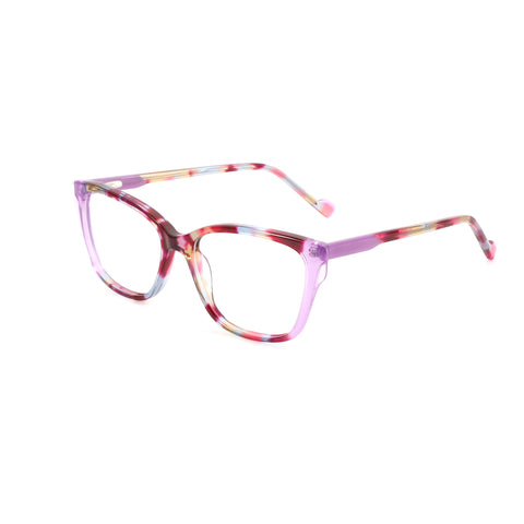 ZENOTTIC Alicia square eyeglasses: translucent purple acetate with a pink, red, yellow, blue swirled pattern.