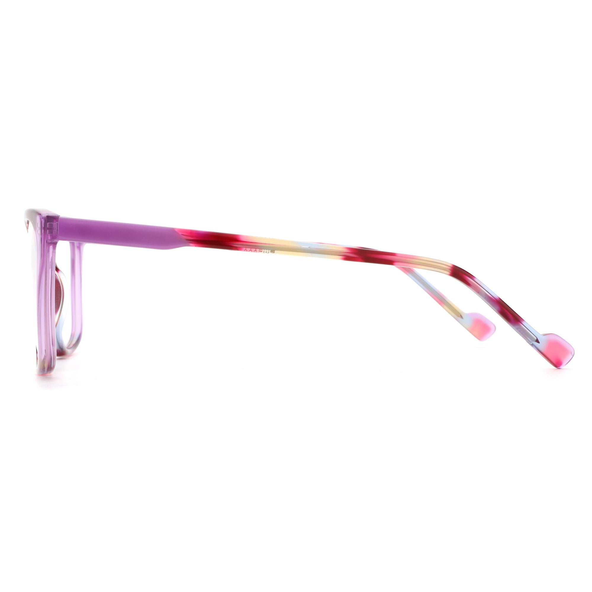 Zenottic Alicia ZM2506 C1 eyeglasses, purple acetate with colorful striped temples.