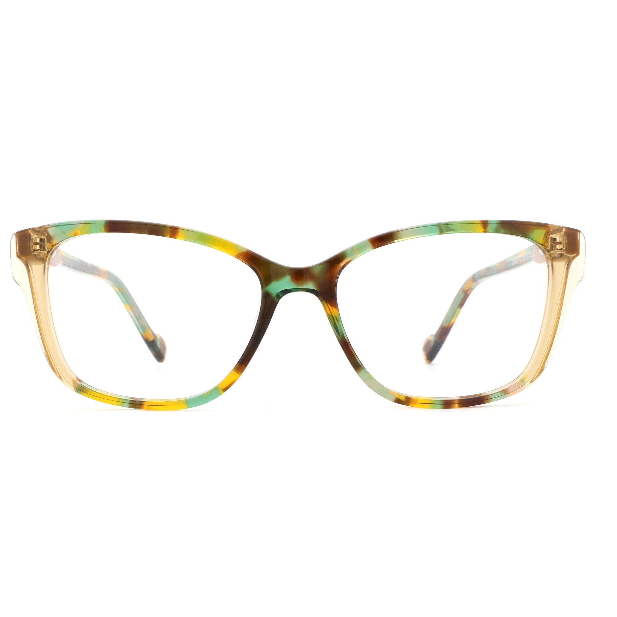 Zenottic Alicia eyeglasses: Square acetate frame, multicolor tortoiseshell, clear lenses.