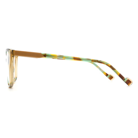 ZENOTTIC Alicia eyeglasses: square acetate frame in light beige with multi-color striped temples.