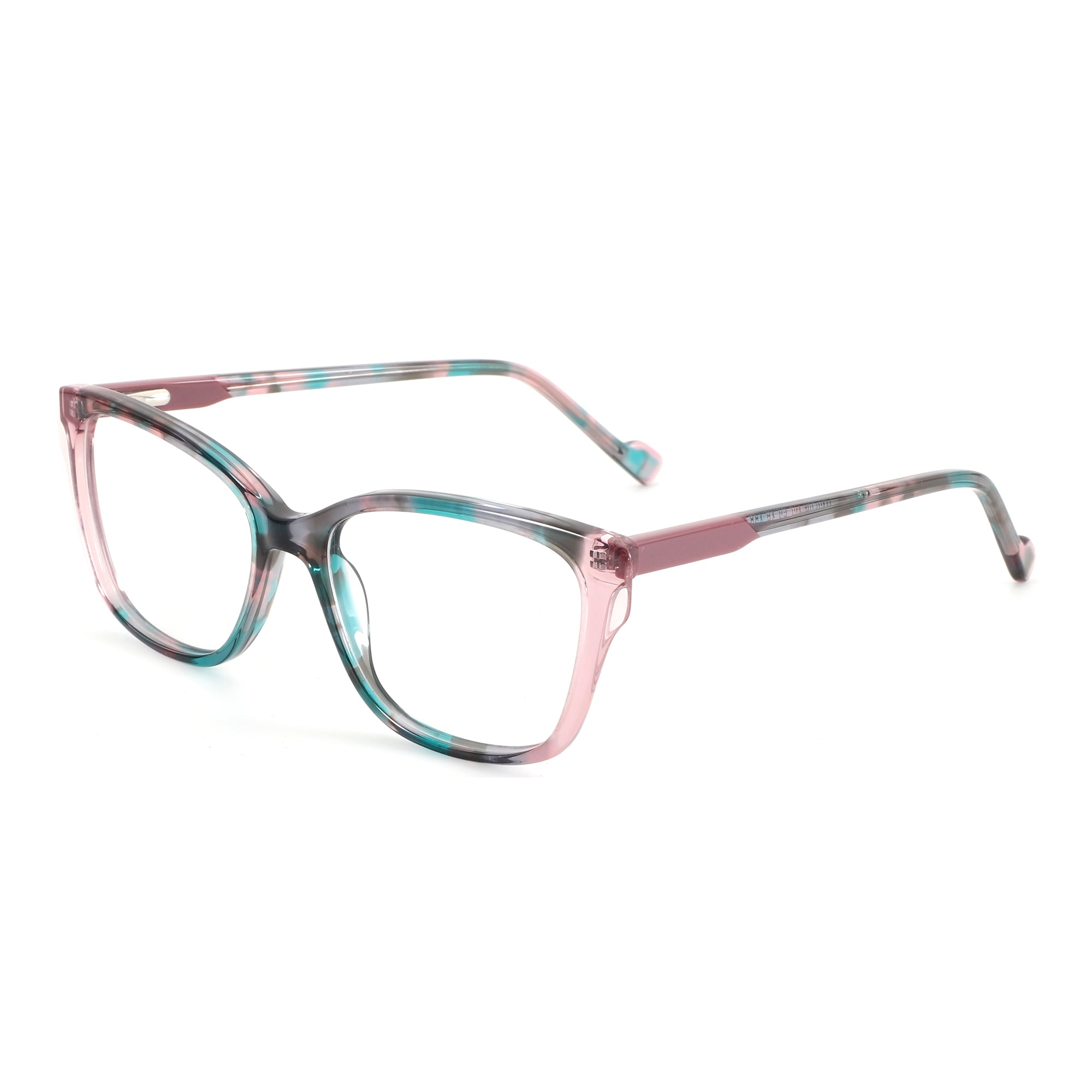 ZENOTTIC Alicia fashion square eyeglasses with pink teal gray marbled acetate frame.