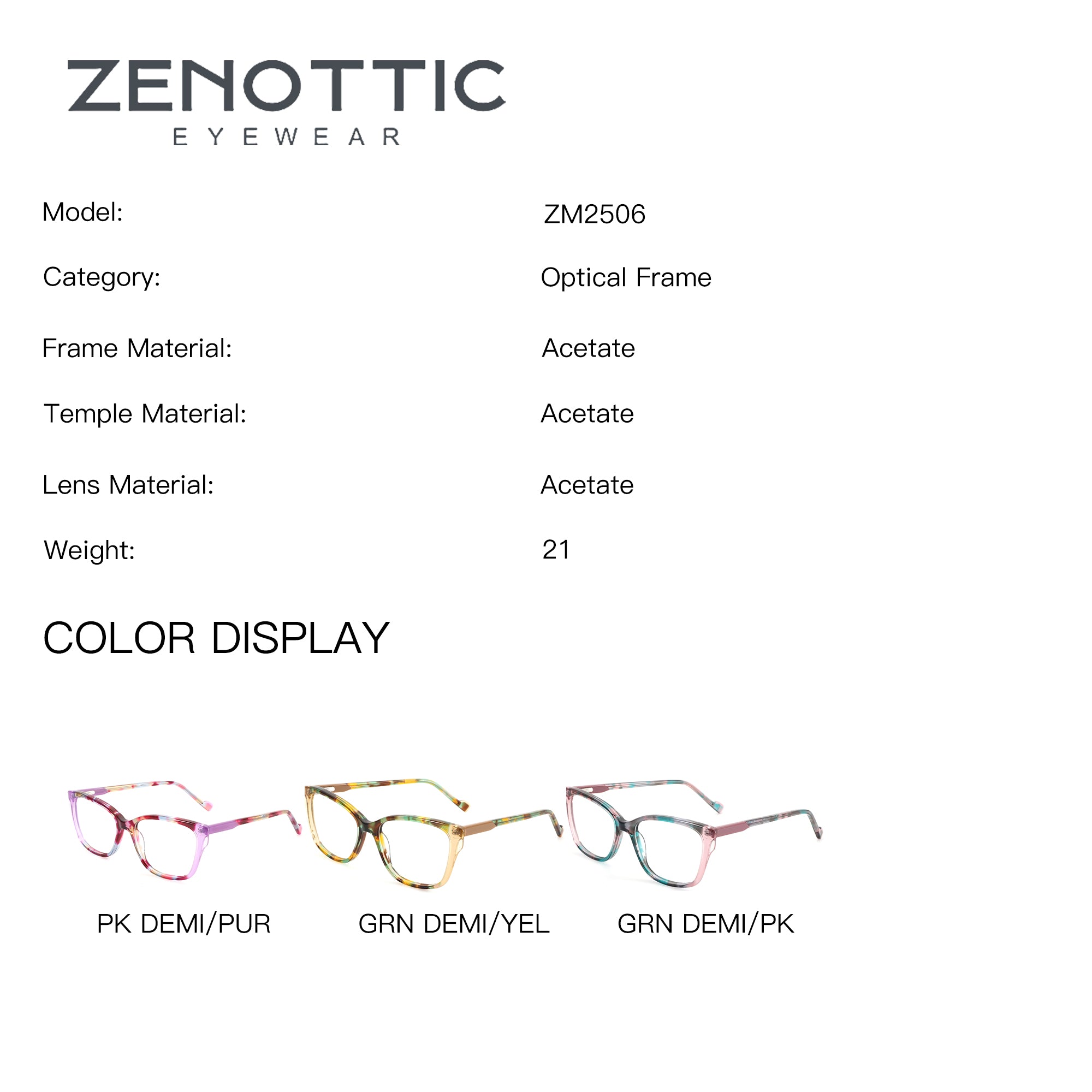 Zenottic Alicia ZM2506 acetate eyeglasses, PK DEMI/PUR, GRN DEMI/YEL, GRN DEMI/PK colors.