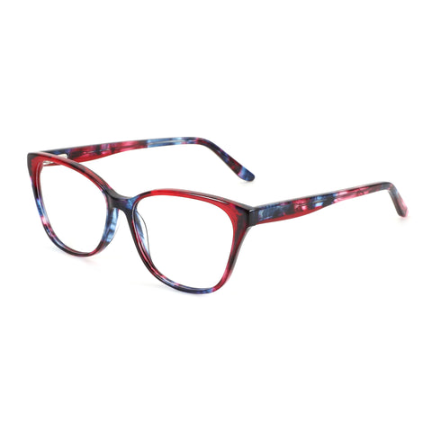 Zenottic Ashely eyeglasses with red, blue, black marbled acetate square frame.