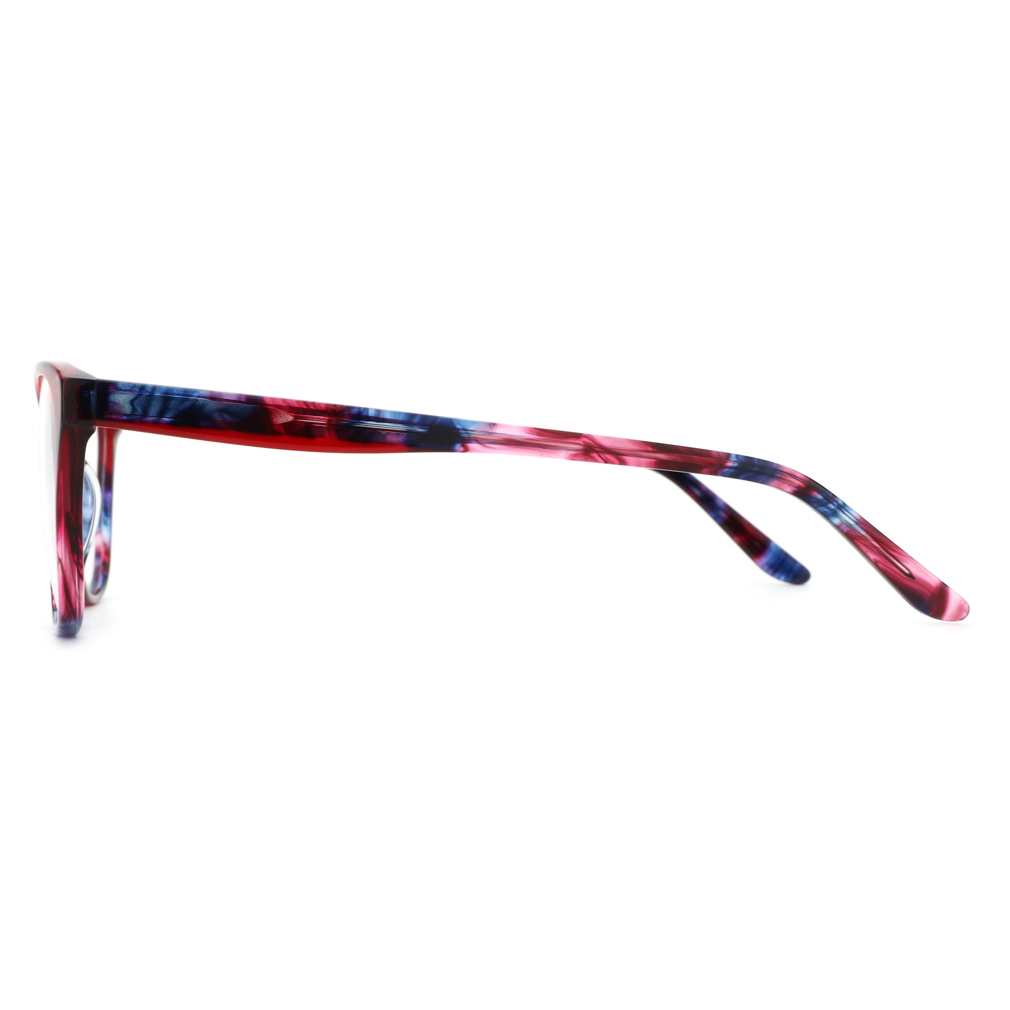 Zenottic Ashely eyeglasses: acetate square frame with vibrant red, blue, pink swirl pattern.