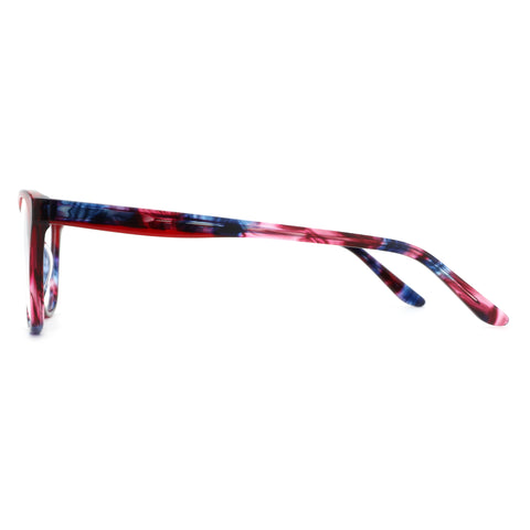 Zenottic Ashely eyeglasses: acetate square frame with vibrant red, blue, pink swirl pattern.