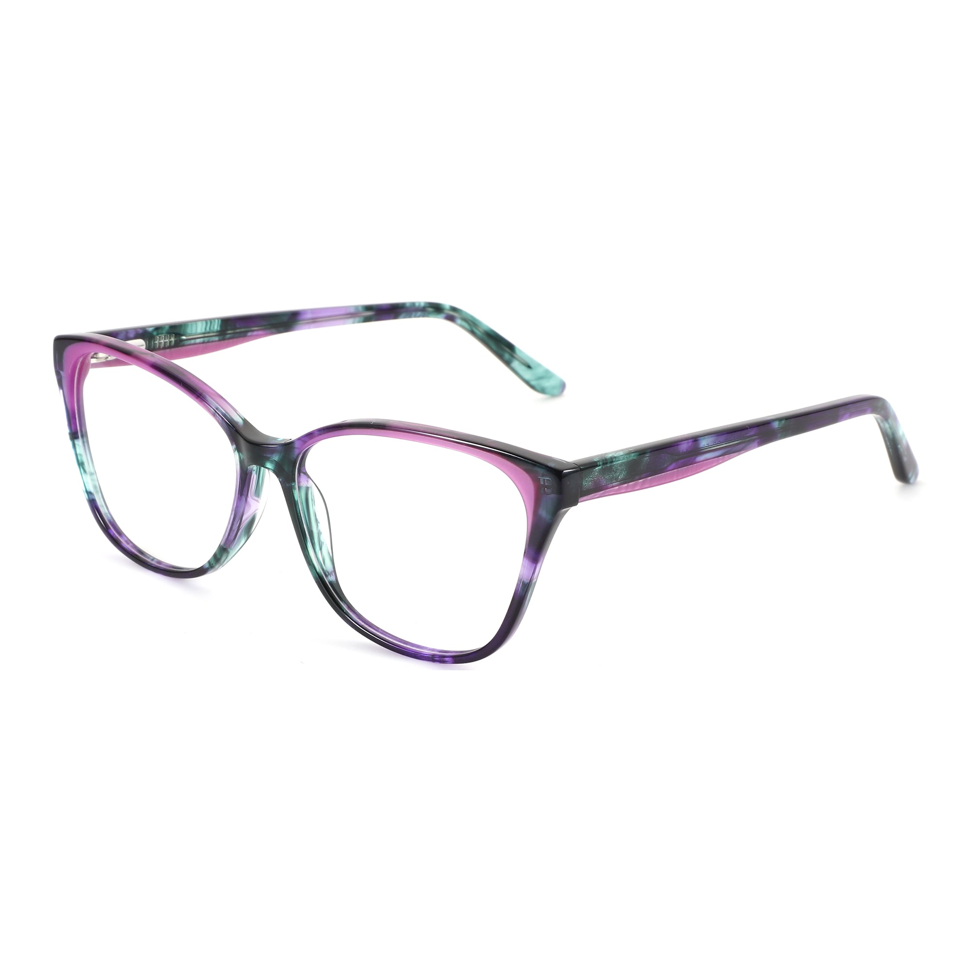 ZENOTTIC Ashely cat-eye eyeglasses with marbled purple and teal acetate frame.