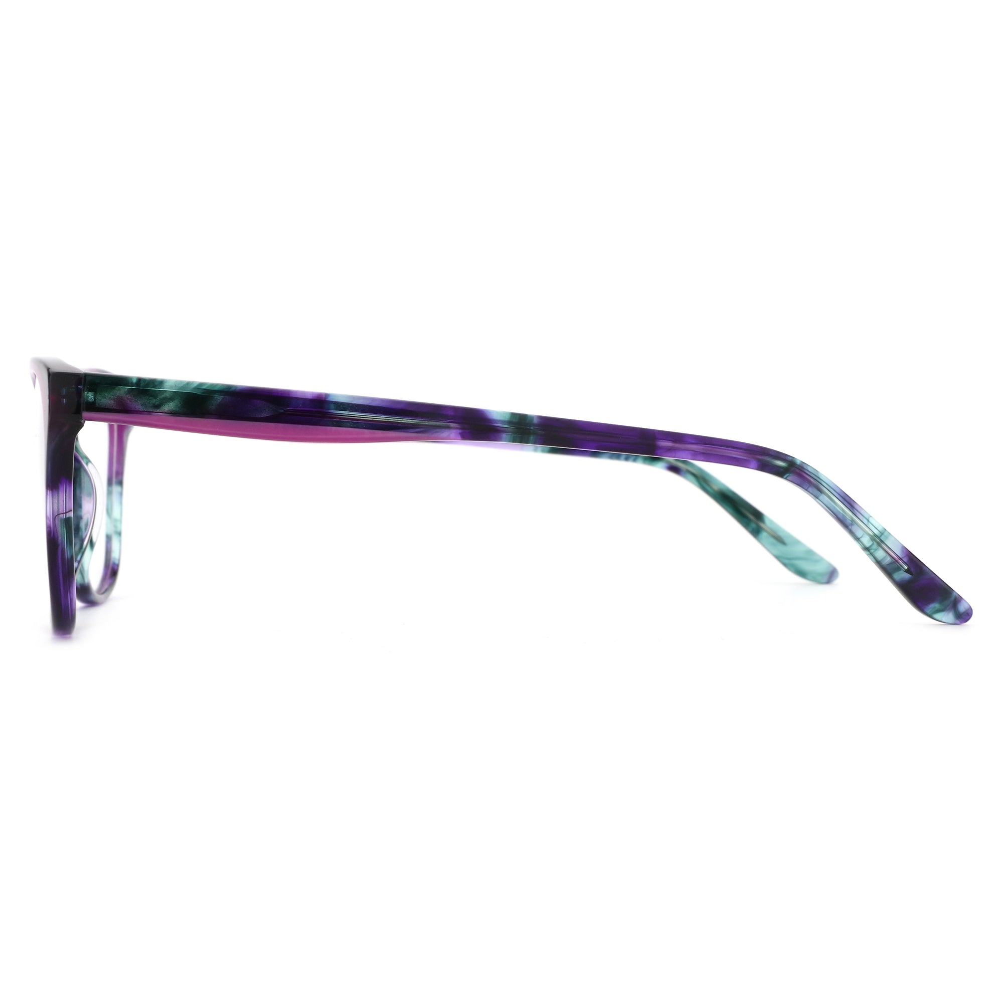 Zenottic Ashely square acetate eyeglasses frame with purple, green, teal marble pattern.