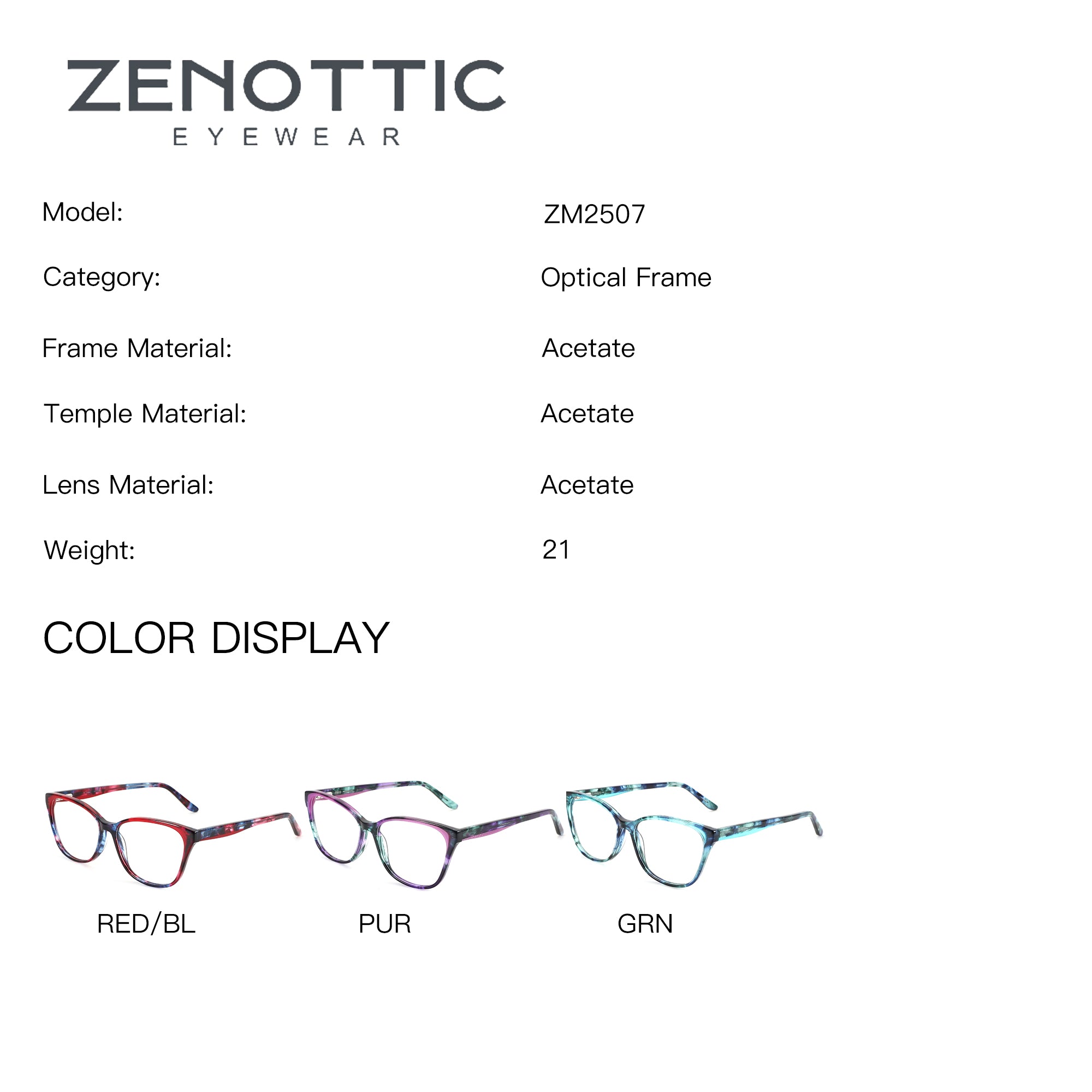 Zenottic Ashely ZM2507 acetate eyeglasses in red/blue, purple, and green marbled patterns.