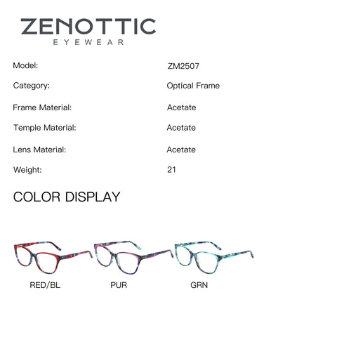 Zenottic Ashely ZM2507 acetate eyeglasses in red/blue, purple, and green marbled patterns.
