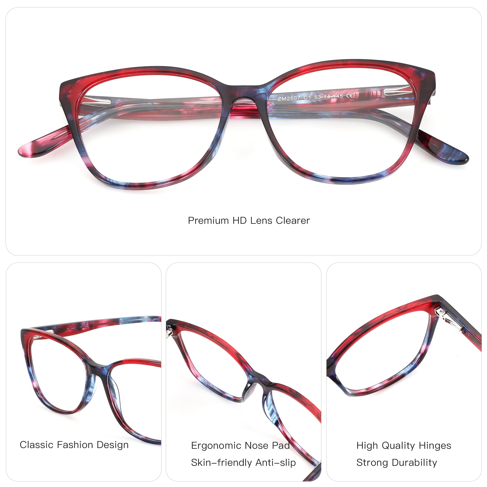ZENOTTIC Ashely eyeglasses: marbled red & blue acetate square frame, classic fashion design.