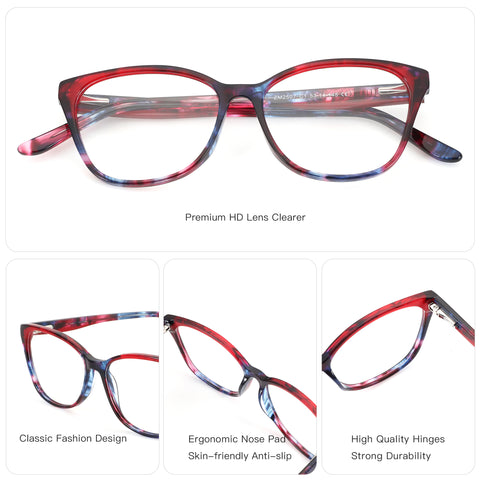 ZENOTTIC Ashely eyeglasses: marbled red & blue acetate square frame, classic fashion design.