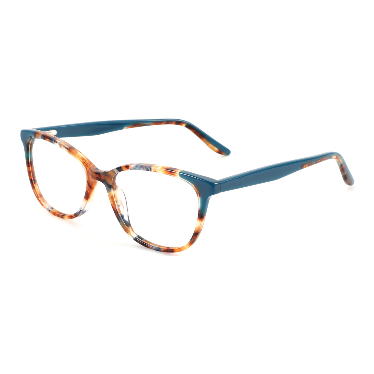 ZENOTTIC Komorebi acetate eyeglasses: tortoiseshell front, teal temples, clear lenses.